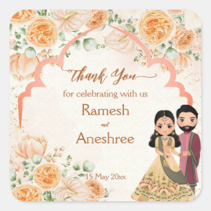 Peach flowers cute Indian bridal couple custom Square Sticker