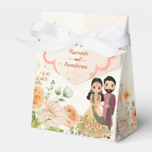 Peach flowers cute Indian bridal couple customised Favour Box