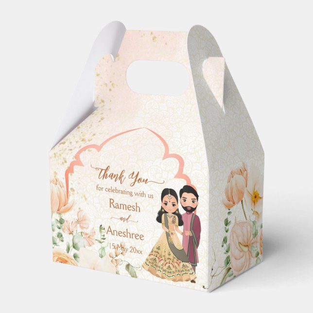 Peach flowers cute Indian bridal couple customised Favour Box (Front Side)