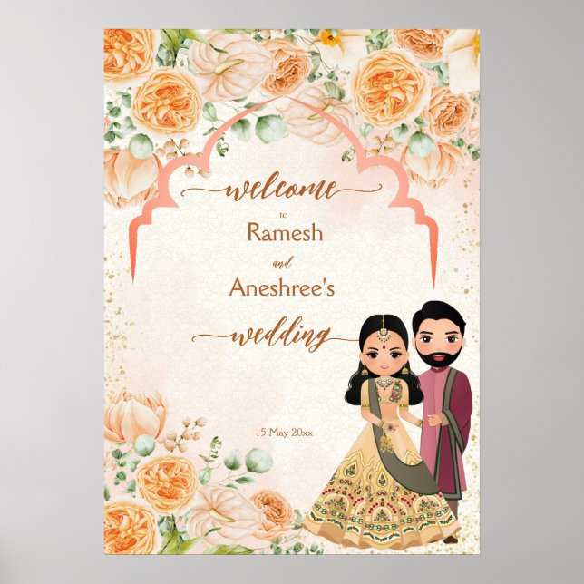 Peach flowers cute Indian bridal couple welcome Poster (Front)