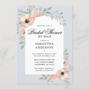 Peach Flowers Dusty Blue Bridal Shower By Mail Invitation