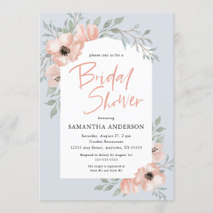 Peach Flowers Dusty Blue Handwritten Bridal Shower Invitation