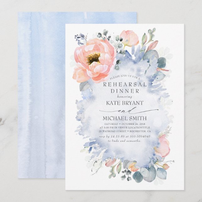 Peach Flowers Dusty Blue Modern Rehearsal Dinner Invitation (Front/Back)