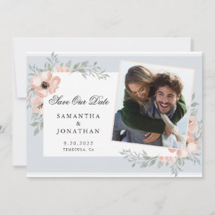 Peach Flowers Dusty Blue Photo Save The Date