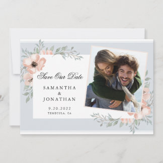 Peach Flowers Dusty Blue Photo Save The Date