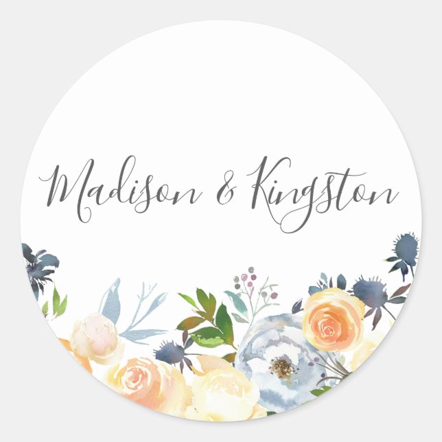 Peach Flowers Elegant Wedding Favour Classic Round Sticker (Front)