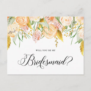 Peach Flowers Floral Will You Be My Bridesmaid Invitation Postcard