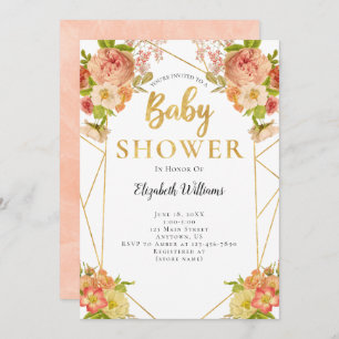 Peach Flowers Geometric Frame Baby Shower Invitation