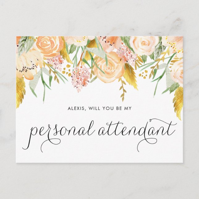 Peach Flowers Gold Foil Be My Personal Attendant Invitation Postcard (Front)