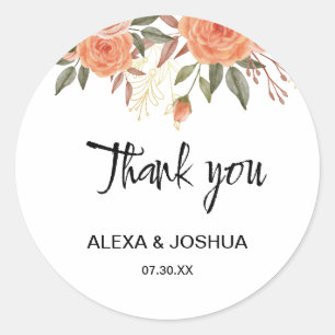 Peach Flowers Gold Foil Foliage Thank You Sticker