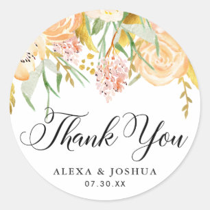 Peach Flowers Gold Foil Foliage Wedding Thank You Classic Round Sticker