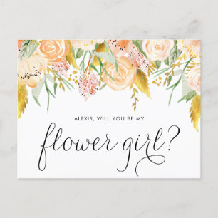 Peach Flowers Gold Foil WIll You Be My Flower Girl Invitation Postcard