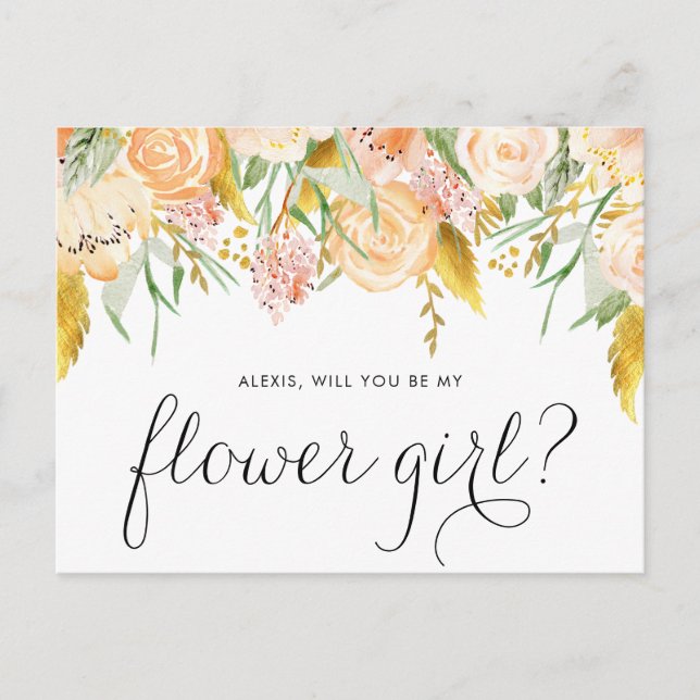 Peach Flowers Gold Foil WIll You Be My Flower Girl Invitation Postcard (Front)