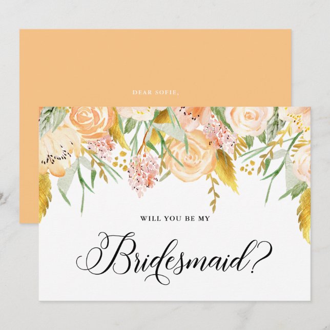 Peach Flowers Gold Will You Be My Bridesmaid Card (Front/Back)