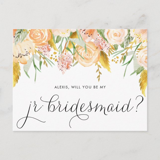 Peach Flowers Gold Will You Be My Jr Bridesmaid Invitation Postcard (Front)