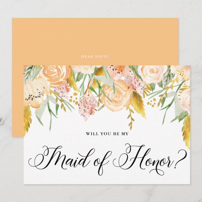 Peach Flowers Gold Will You Be My Maid of Honour Invitation (Front/Back)