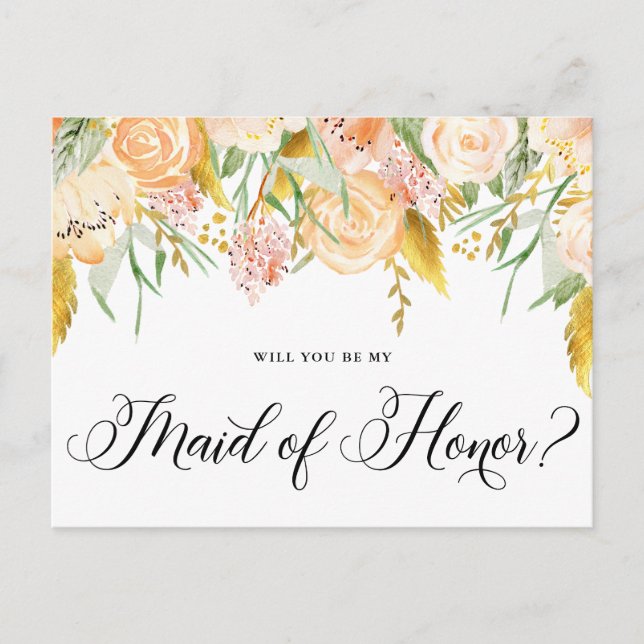 Peach Flowers Gold Will You Be My Maid of Honour Invitation Postcard (Front)