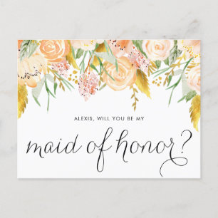 Peach Flowers Gold Will You Be My Maid of Honour Invitation Postcard