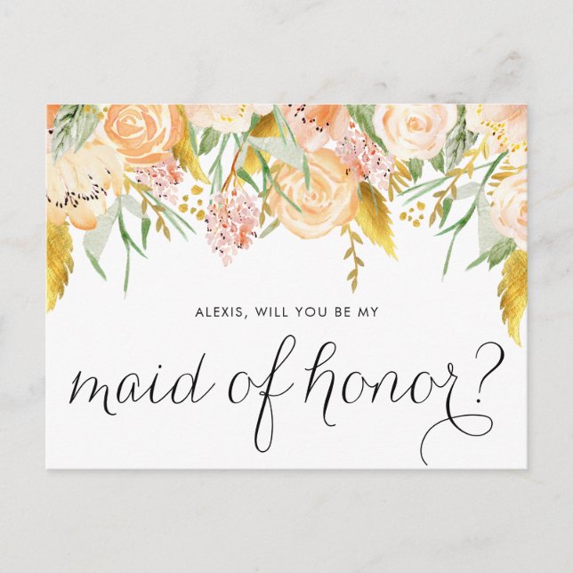 Peach Flowers Gold Will You Be My Maid of Honour Invitation Postcard (Front)