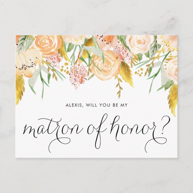 Peach Flowers Gold Will You Be My Matron of Honour Invitation Postcard (Front)