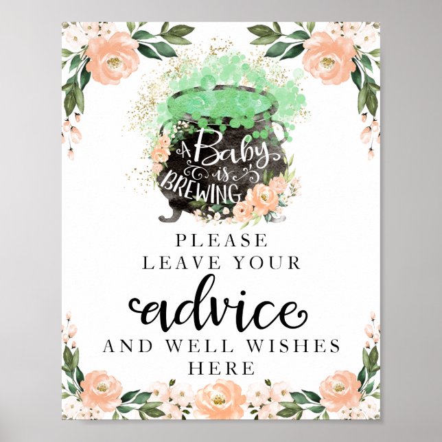 Peach Flowers Halloween Baby Shower Advice Sign (Front)