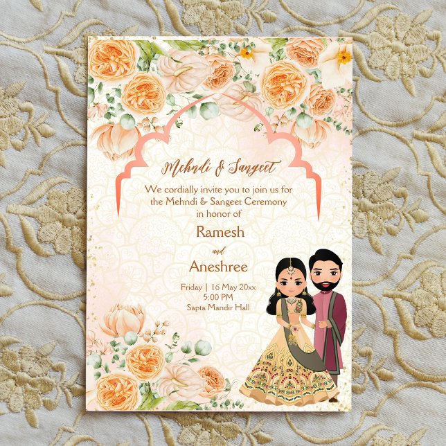 Peach flowers Indian couple mehndi sangeet invite (Creator Uploaded)