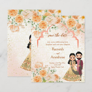 Peach flowers Indian couple save the date