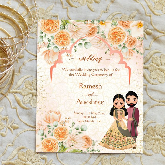 Peach flowers Indian couple wedding invite templat (Creator Uploaded)