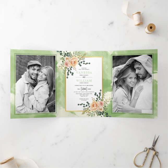 Peach flowers, leaves sage green floral wedding Tri-Fold invitation (Inside)