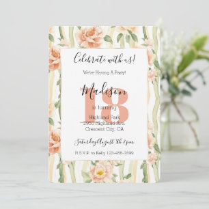 Peach Flowers Mint Green Stripes 18th Birthday  Invitation
