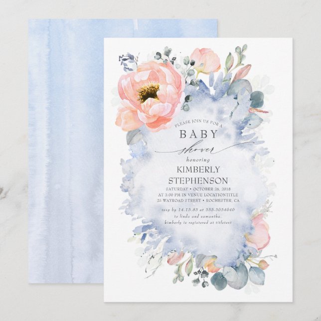 Peach Flowers Modern Dusty Blue Baby Shower Invitation (Front/Back)