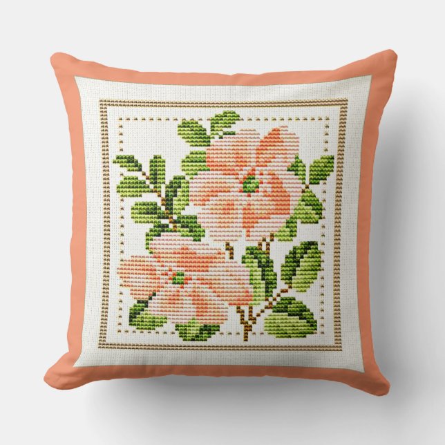 Peach Flowers Needlepoint Look Country Vintage Cushion (Front)