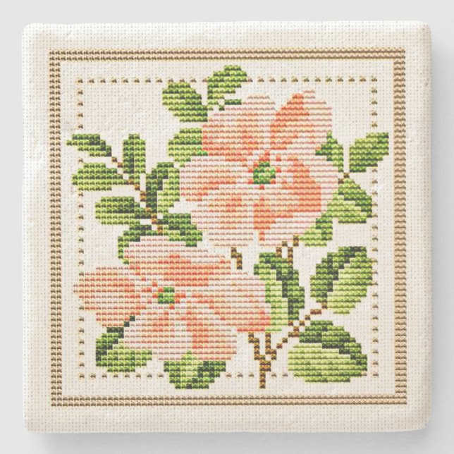 Peach Flowers Needlepoint Vintage Style Coaster (Front)
