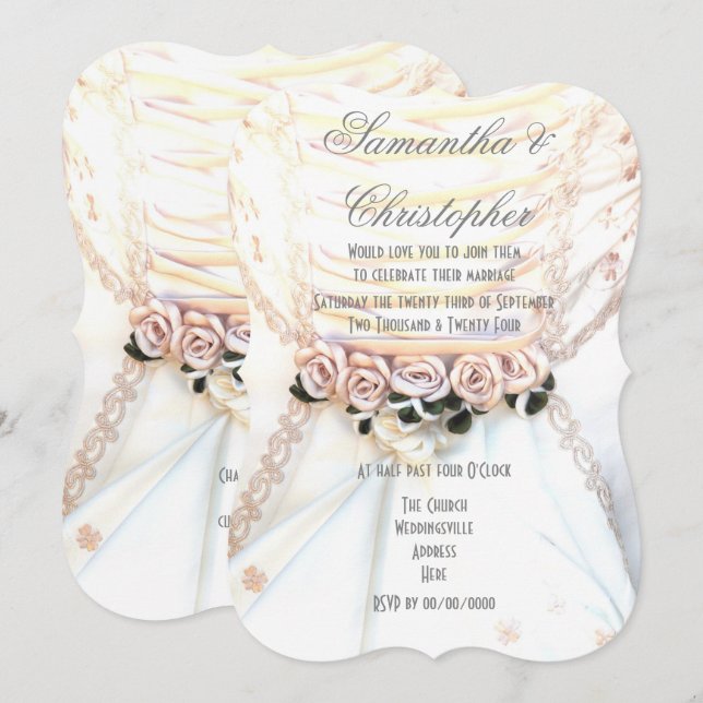 Peach flowers on brides dress wedding invitation (Front/Back)