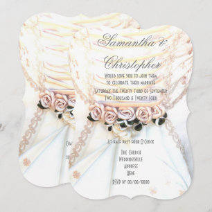 Peach flowers on brides dress wedding invitation