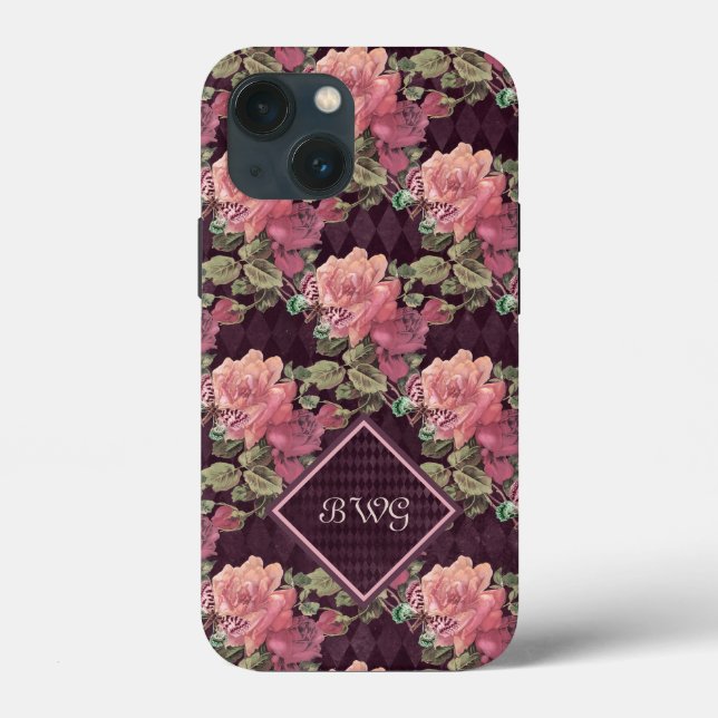 Peach Flowers on Purple Diamonds Monogram Case-Mate iPhone Case (Back)
