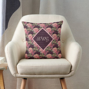 Peach Flowers on Purple Diamonds Monogram Cushion