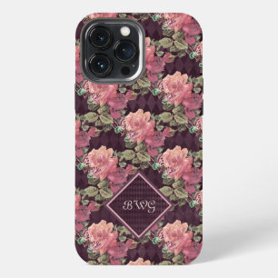 Peach Flowers on Purple Diamonds Monogram iPhone 13 Pro Max Case