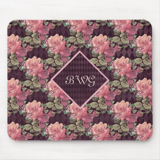 Peach Flowers on Purple Diamonds Monogram Mouse Mat (Front)