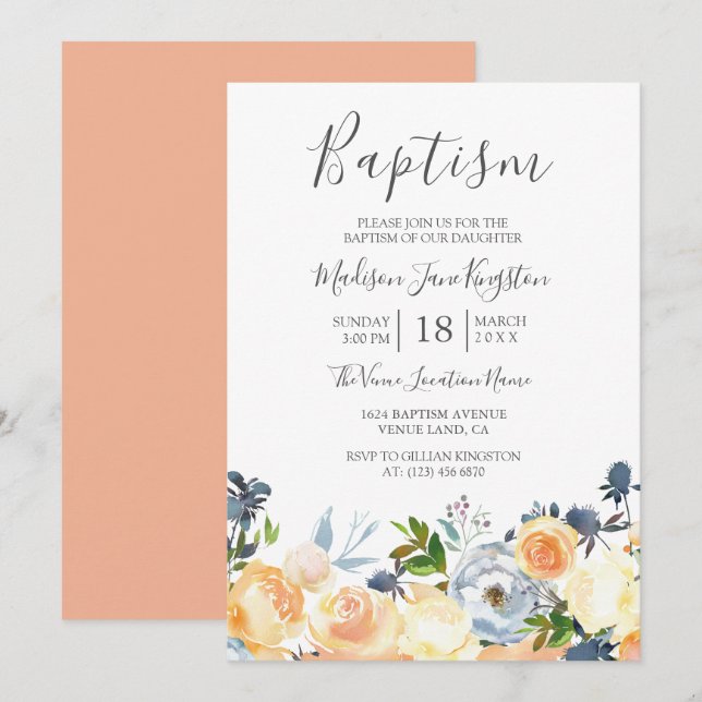 Peach Flowers Pretty Spring Girl or Boy Baptism Invitation (Front/Back)