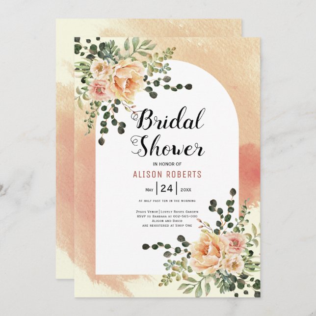Peach flowers soft terracotta arch bridal shower invitation (Front/Back)