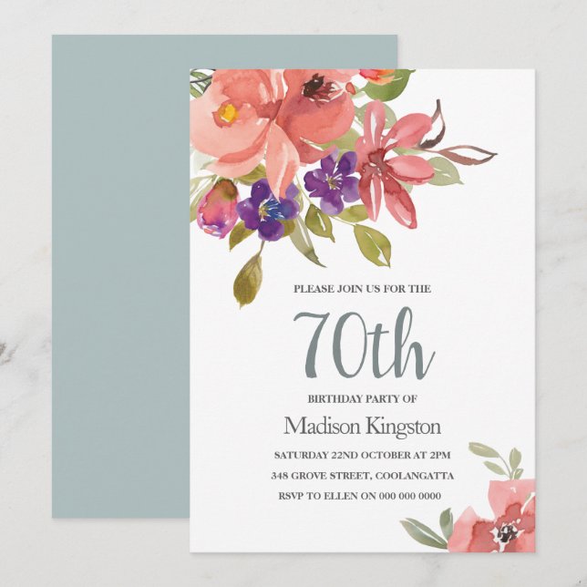 Peach Flowers Teal 70th Birthday Party Invite (Front/Back)
