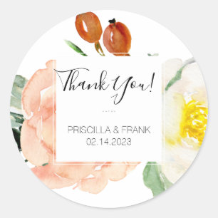 Peach Flowers Thank You Wedding Classic Round Sticker