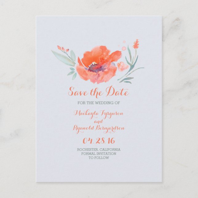 peach flowers watercolor save the date announcement postcard (Front)