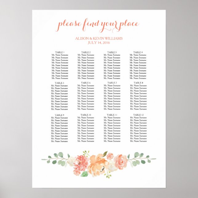 Peach flowers wedding dinner seating chart (Front)