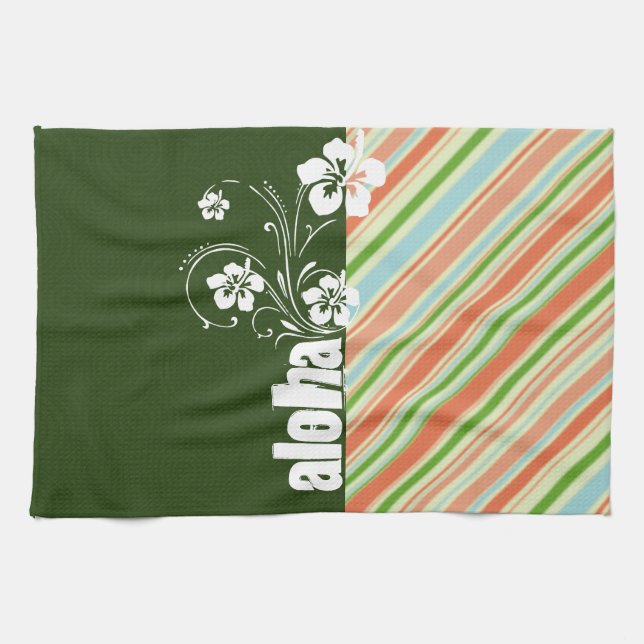 Peach & Forest Green Striped; Aloha Tea Towel (Horizontal)