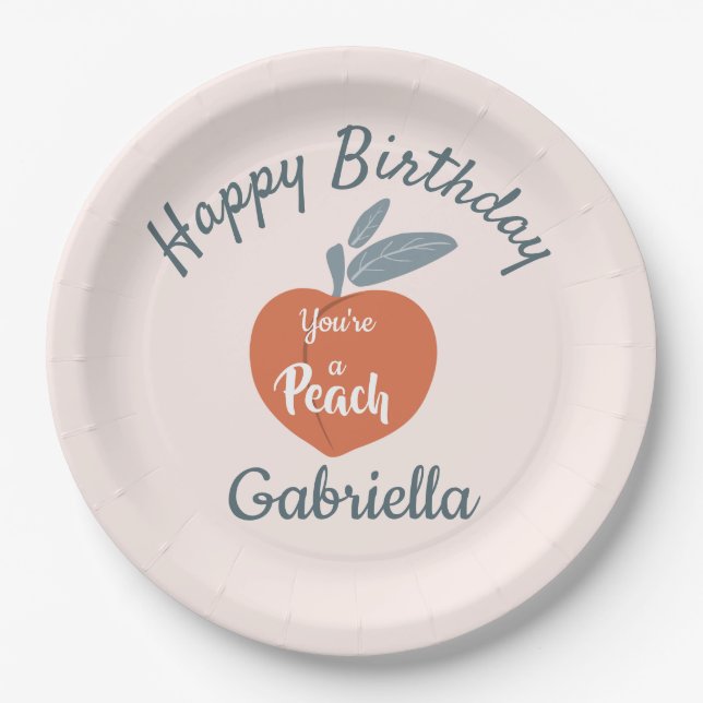 Peach fruit, happy birthday personalize name paper plate (Front)