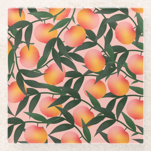 Peach Fruit Pink Background Pattern. Glass Coaster (Front)