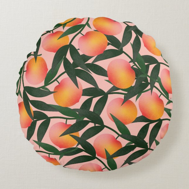 Peach Fruit Pink Background Pattern. Round Cushion (Front)