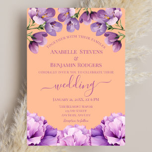 Peach Fuzz and Lilac Floral with QR code Wedding Invitation